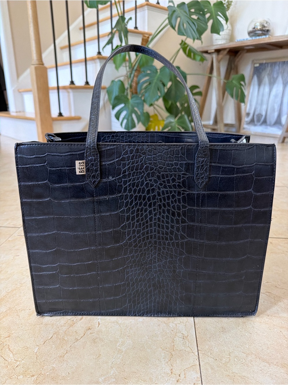 BÉIS Work Tote Mini – Black Croc Embossed